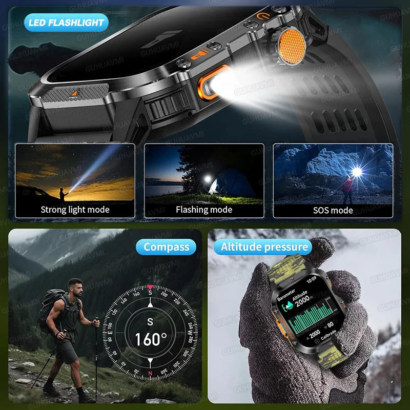 2025 New GPS Military Outdoor Sports Smart Watch Men 2.01-inch AMOLED 3ATM IP69K Waterproof Compass Call Swim Fitness Smartwatch