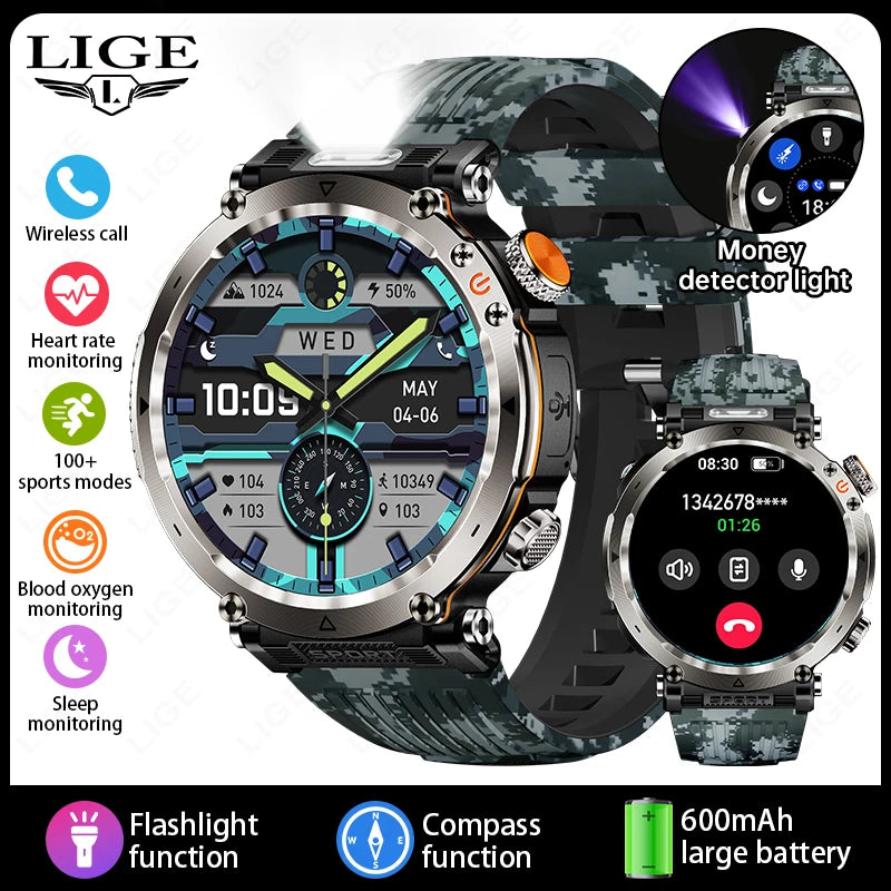 LIGE New Smart Watch Men UV Flashlight Compass 600mAh Large Battery Outdoor Waterproof Sport Watch Bluetooth Call Smartwatch Men