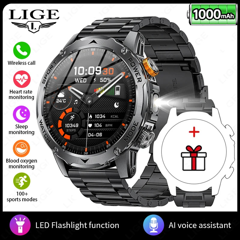 LIGE AMOLED Smart Watch Men with Flashlight Sports IP68 Waterproof Fitness Tracker Bluetooth Call Smartwatch Man for Android iOS