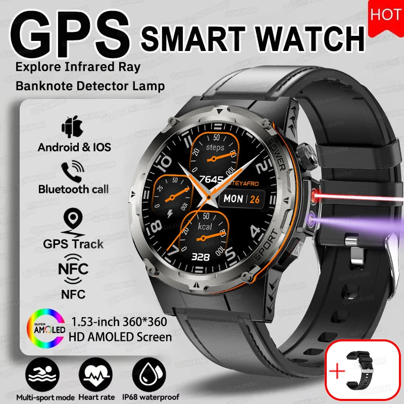 NEW Upgraded Outdoors GPS Sports Smart Watch Men HD AMOLED 3ATM IP69K Waterproof 500mAh Infrared NFC Bluetooth Call Smart Watch