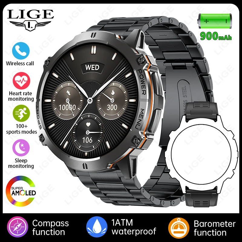 LIGE New GPS Tracker Smartwatch For Men  1.73" AMOLED Screen  900mAh Battery Man Watches Health Monitor BT Call Smart Watch Men
