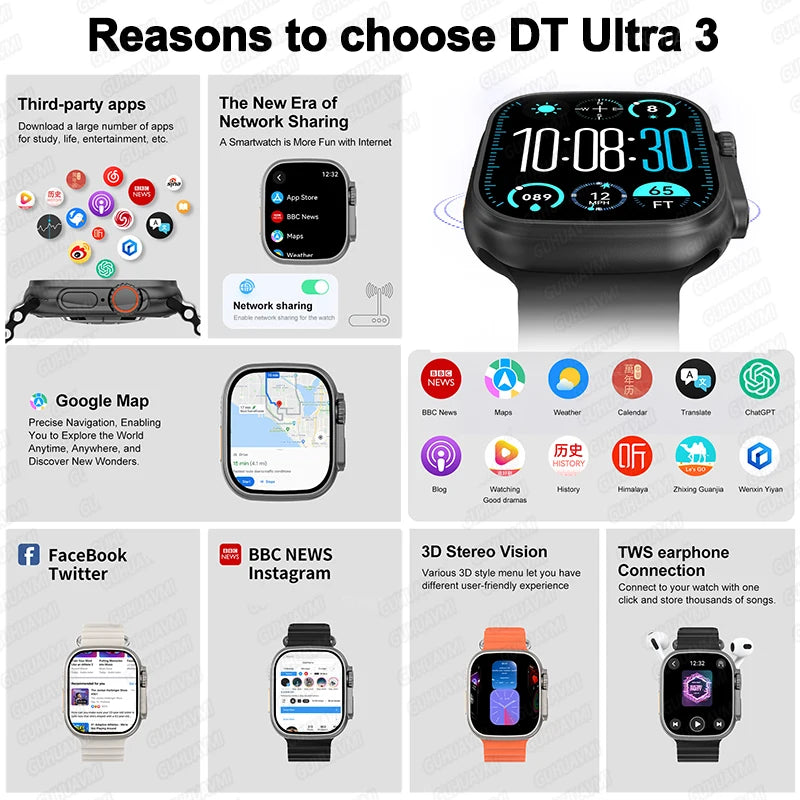 2025 New Original Watch DT Ultra 3 Pro Smart Watch Men Google Map NFC GPS Tracker HD BT Call IP68 Waterproof Smart Watches Women