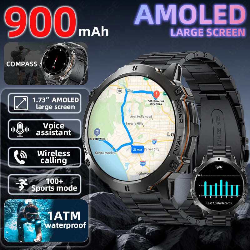 LIGE New GPS Tracker Smartwatch For Men  1.73" AMOLED Screen  900mAh Battery Man Watches Health Monitor BT Call Smart Watch Men