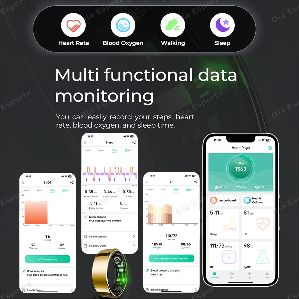 2025 New Smart Ring Heart Rate Blood Pressure Sleep Monitoring Motion Tracking IP68 Waterproof Men Women Smart Ring Holiday Gift