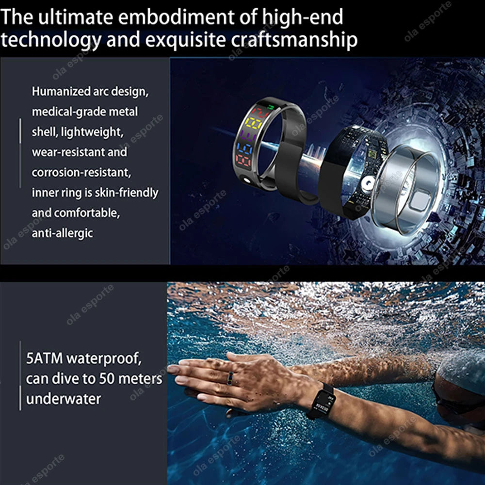 2025 R12 Smart Ring with Color Display Screen and Touch, Charging Box,Health Manager, 5 ATM Waterproof Smartring For Men Women