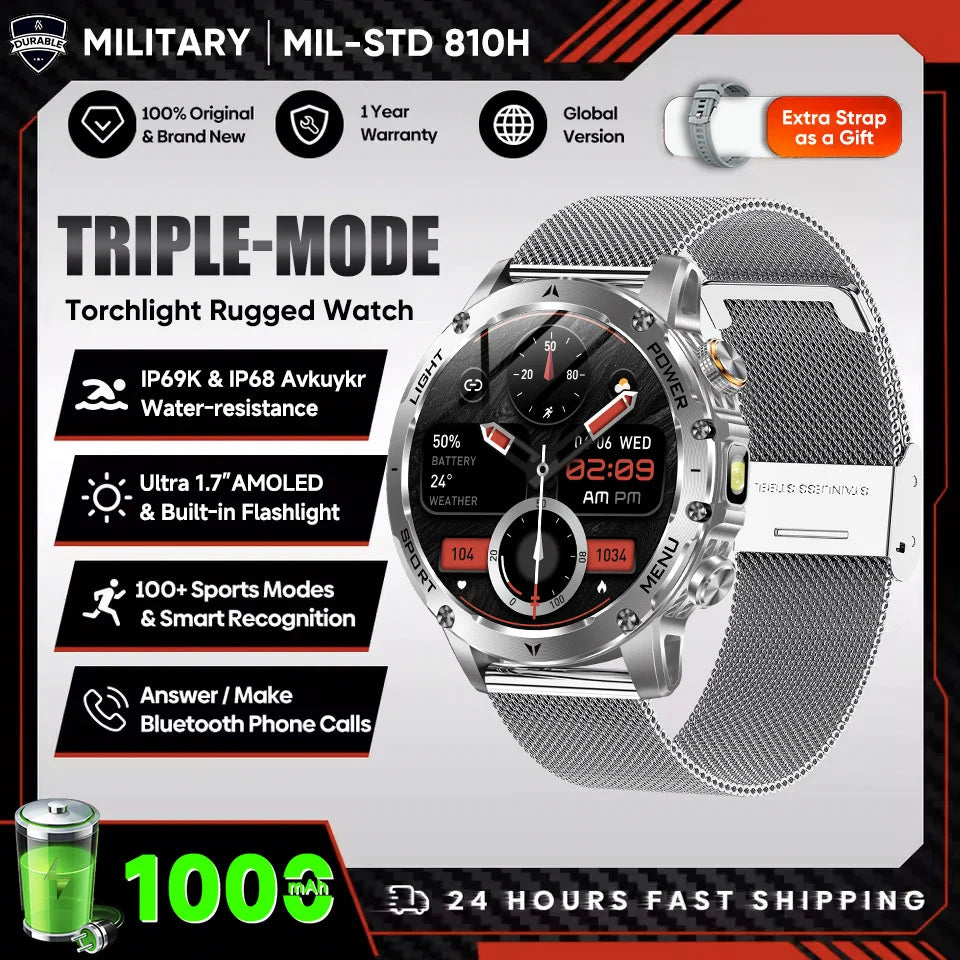 2025 Men 1.7-inch AMOLED Screen Smart Watch 1000mAh Battery Heart Rate Bluetooth Call NFC GPS Tracker Sports Fitness Watches New