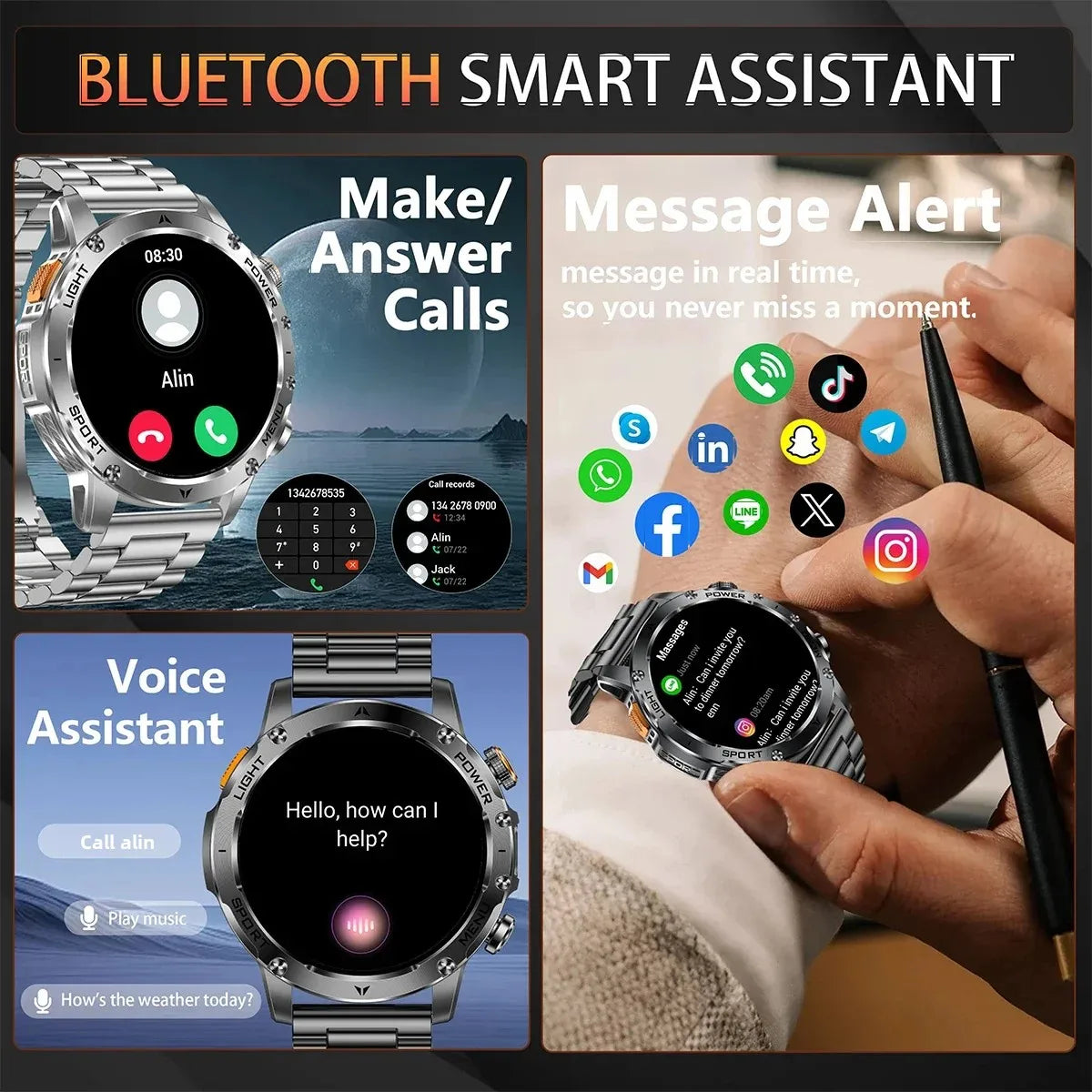 KPEP Military Smart Watch 1000mAh Large Battery LED Flashlight Health Monitor Wireless Call 100+ Sports Modes Smartwatch for Men