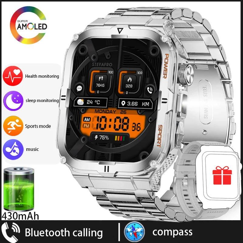 Military Grade Outdoor Smart Watch Men Wome's Health 1.96"HD Screen 430mAh Battery LED Flashlight Waterproof Sports Smartwatches