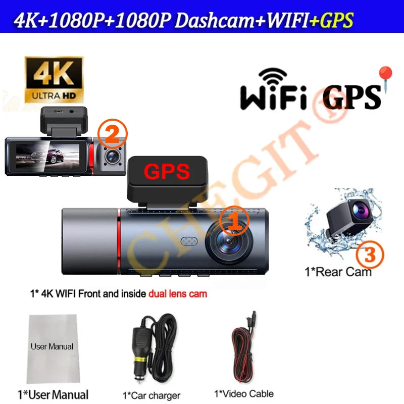 4K WIFI GPS Car Dash Cam Video Recorder 1080P 3 Lens Car DVR 24H Parking Monitor Rear View Cameras Black Box Car accessories