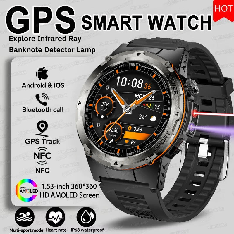 NEW Upgraded Outdoors GPS Sports Smart Watch Men HD AMOLED 3ATM IP69K Waterproof 500mAh Infrared NFC Bluetooth Call Smart Watch