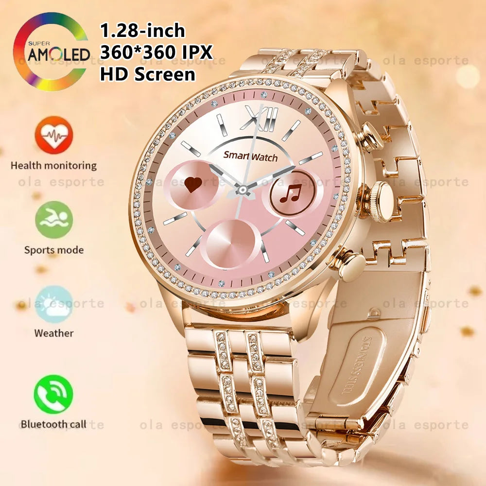 Women Smart Watch Fashion Diamond Watch Band AMOLED Screen HD Bluetooth Call Smartwatch Waterproof Heart Rate Sleep Monitoring