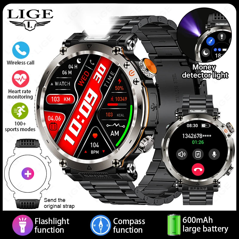 LIGE New Smart Watch Men UV Flashlight Compass 600mAh Large Battery Outdoor Waterproof Sport Watch Bluetooth Call Smartwatch Men