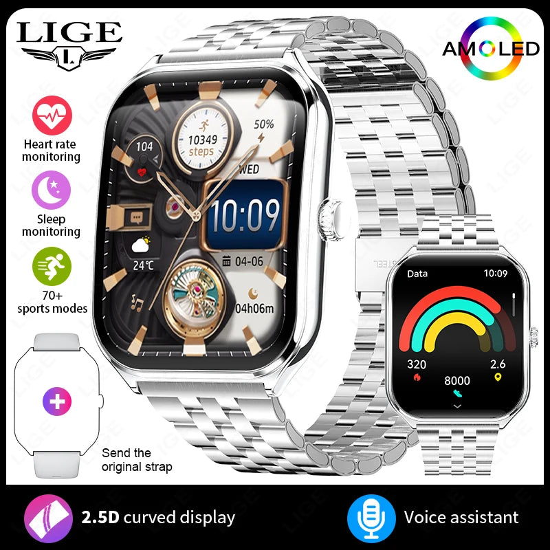 New Ultra-thin Smart Watch Men Health Monitor 1.96"AMOLED Screen 3ATM Waterproof Sport Bluetooth Call Smartwatch for Android iOS