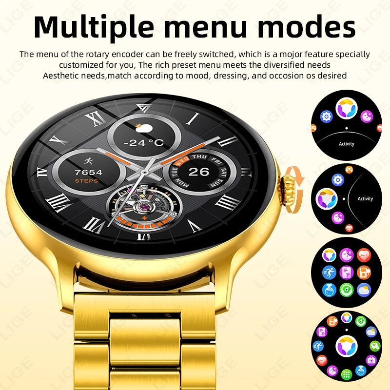 New Golden Luxury Steel Smart Watch Men 1.38inch HD Screen Smartwatch Women Sleep BT Call IP68 Waterproof Sports Watch Pedometer