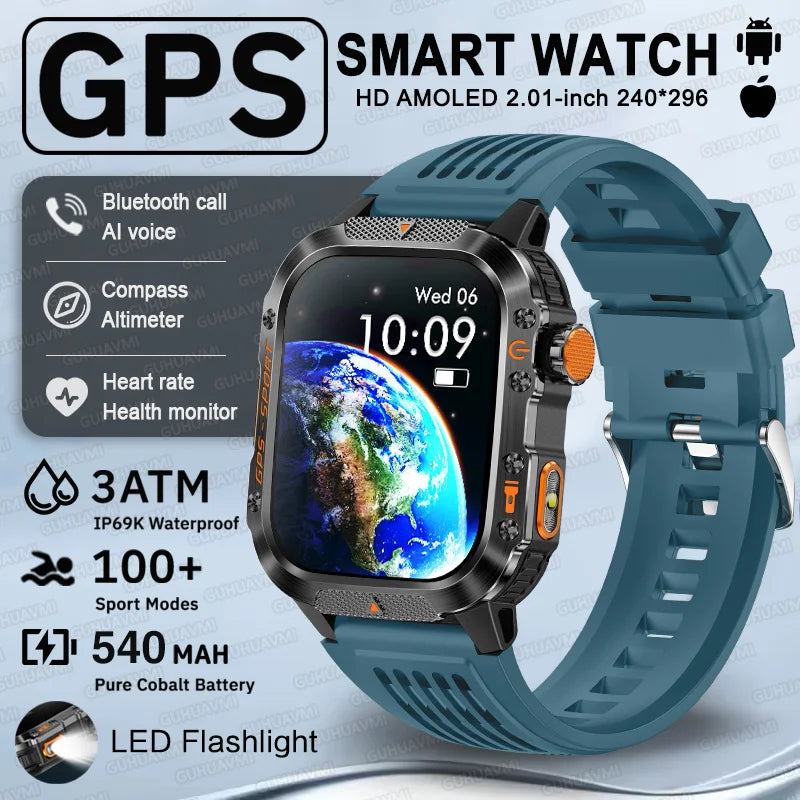 2025 New GPS Military Outdoor Sports Smart Watch Men 2.01-inch AMOLED 3ATM IP69K Waterproof Compass Call Swim Fitness Smartwatch
