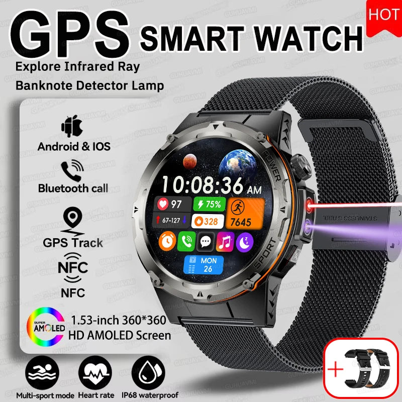 NEW Upgraded Outdoors GPS Sports Smart Watch Men HD AMOLED 3ATM IP69K Waterproof 500mAh Infrared NFC Bluetooth Call Smart Watch