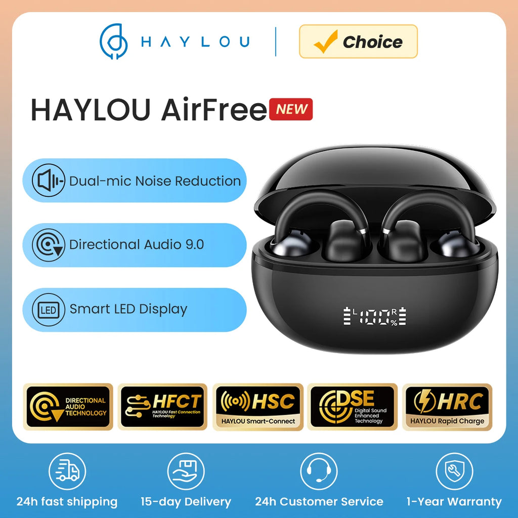 HAYLOU AirFree Ear Clip Earphones Bluetooth 5.4 Wireless Earbuds AI Noise Reduction TWS Sports Headphones with Smart LED Display