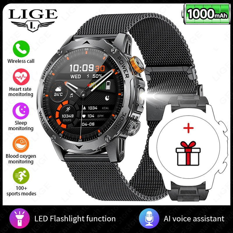 LIGE 1000mAh Smart Watch AMOLED HD 360*360 Resolution Smartwatch Blood Oxygen Health Monitor Men Smartwatches 100+Sports Tracker