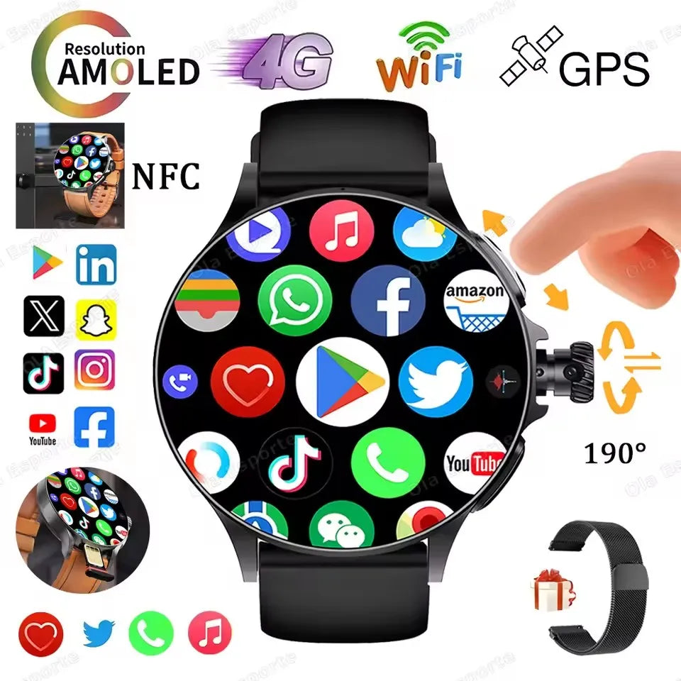 4G/5G SIM Card New Smart Watch Men Women 1.95 inch AMOLED Screen Rotating Camera HD Video Call WIFI Smartwatch For Android IOS