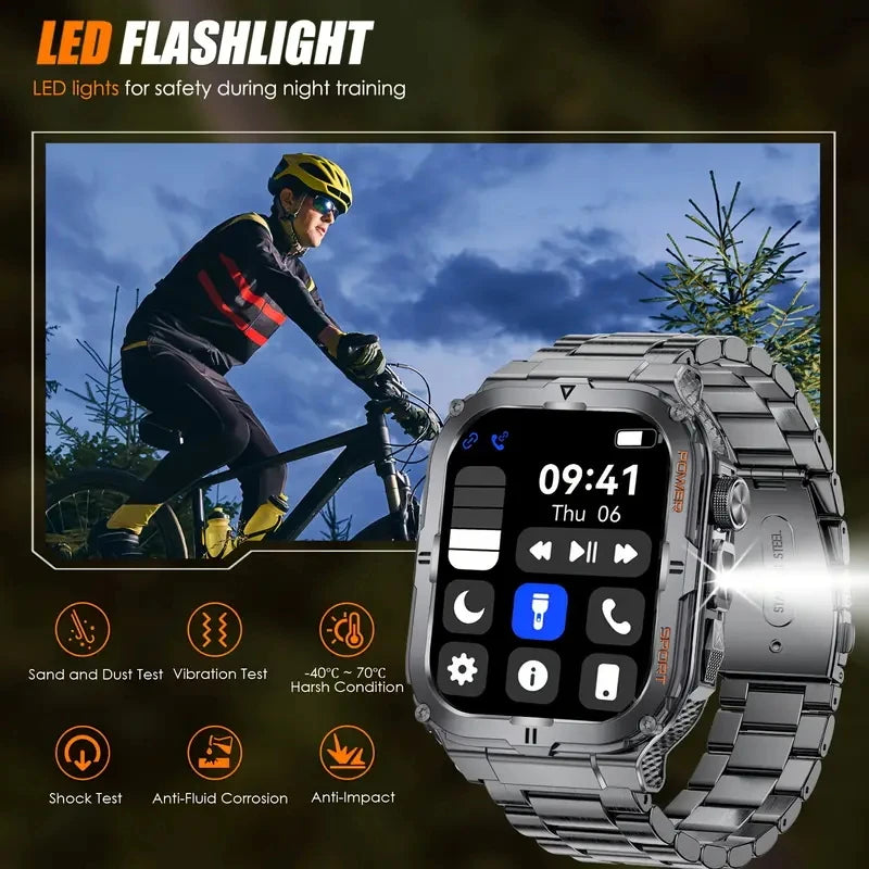 Military Grade Outdoor Smart Watch Men Wome's Health 1.96"HD Screen 430mAh Battery LED Flashlight Waterproof Sports Smartwatches