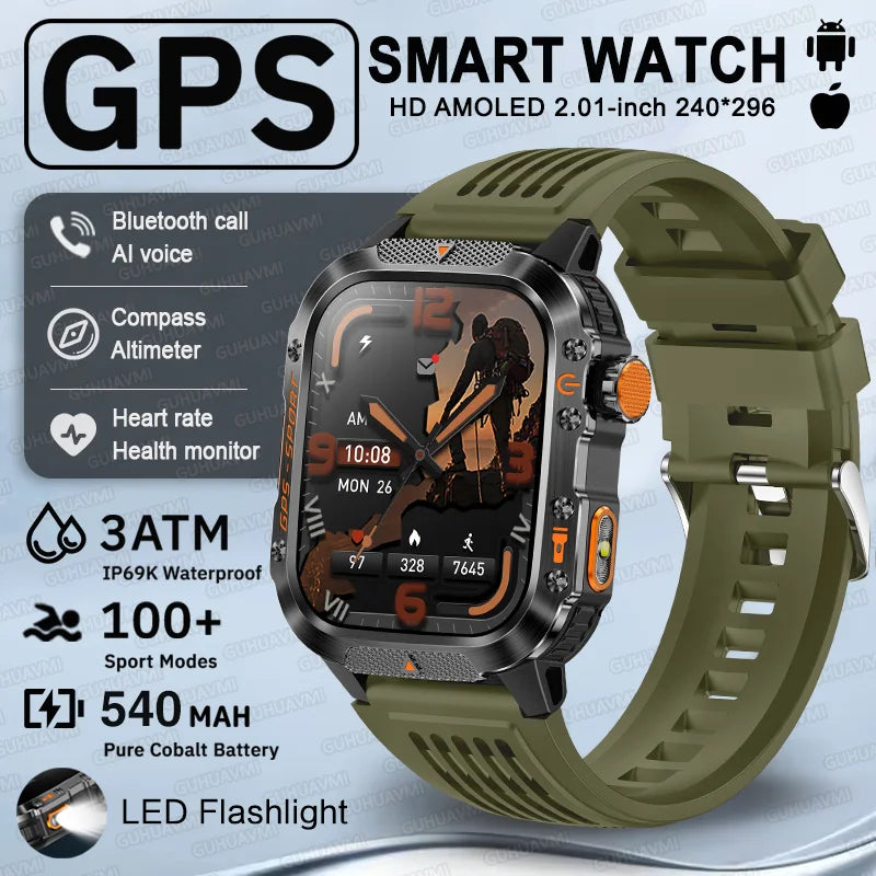 2025 New GPS Military Outdoor Sports Smart Watch Men 2.01-inch AMOLED 3ATM IP69K Waterproof Compass Call Swim Fitness Smartwatch