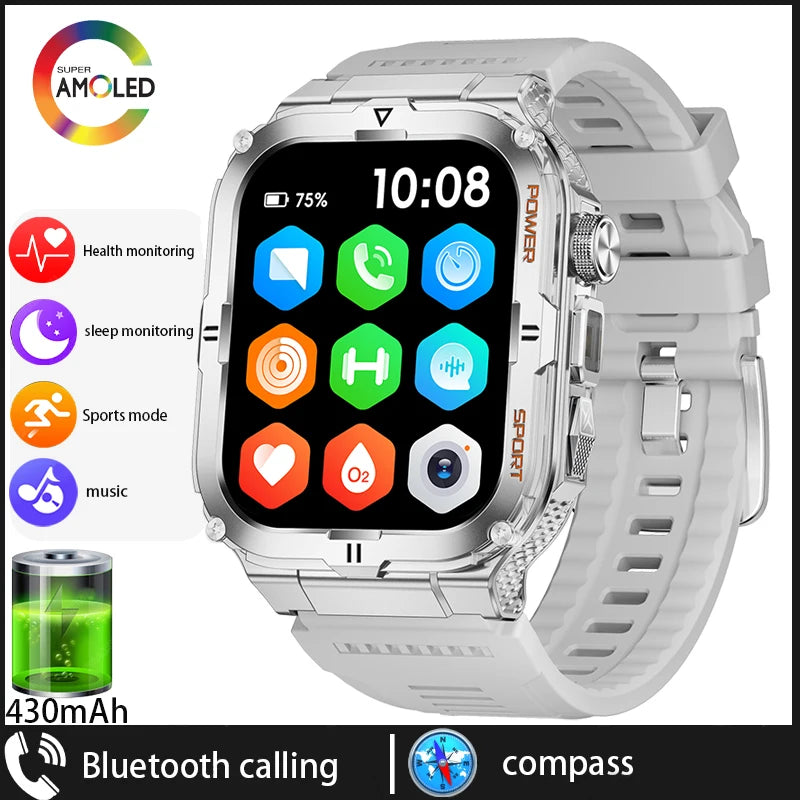 Military Grade Outdoor Smart Watch Men Wome's Health 1.96"HD Screen 430mAh Battery LED Flashlight Waterproof Sports Smartwatches