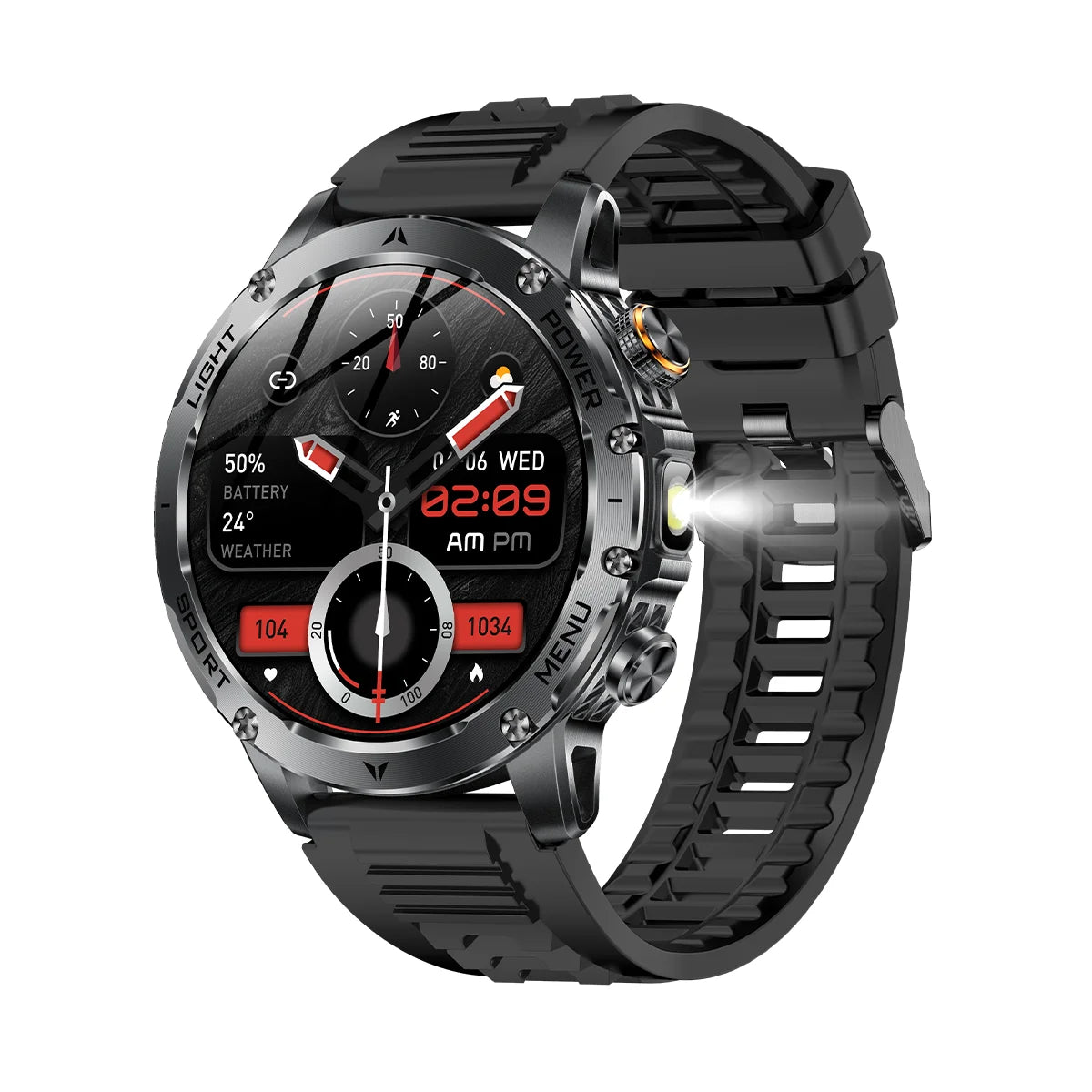 KPEP Military Smart Watch 1000mAh Large Battery LED Flashlight Health Monitor Wireless Call 100+ Sports Modes Smartwatch for Men