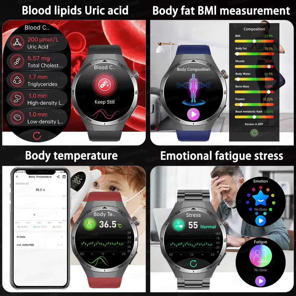 2025 New Health Non Invasive AI Diagnostic Smart Watch ECG BP Men's Three Highs Uric Acid Blood Fat Bluetooth Call Smartwatches