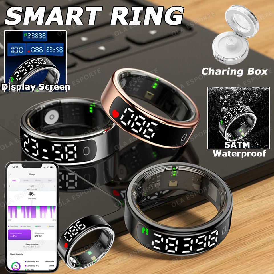New Wireless Smart Ring 2025 Men Women LED Display Screen Heart Rate Blood Oxygen Monitor SportS IP68+5ATM Waterproof Smartring