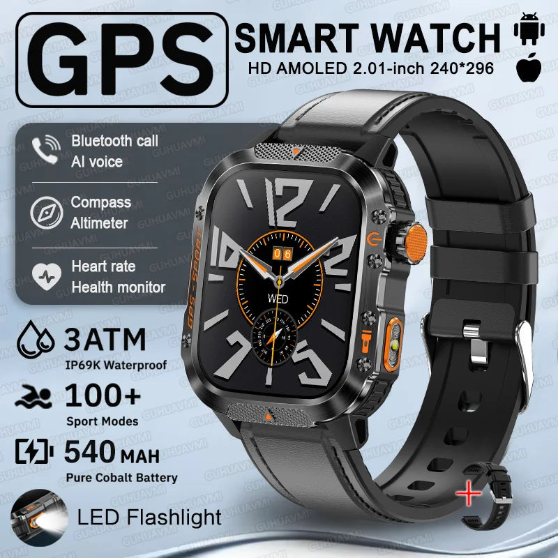 2025 New GPS Military Outdoor Sports Smart Watch Men 2.01-inch AMOLED 3ATM IP69K Waterproof Compass Call Swim Fitness Smartwatch