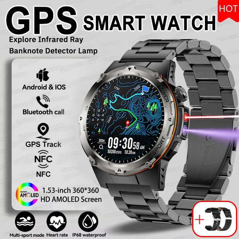 NEW Upgraded Outdoors GPS Sports Smart Watch Men HD AMOLED 3ATM IP69K Waterproof 500mAh Infrared NFC Bluetooth Call Smart Watch