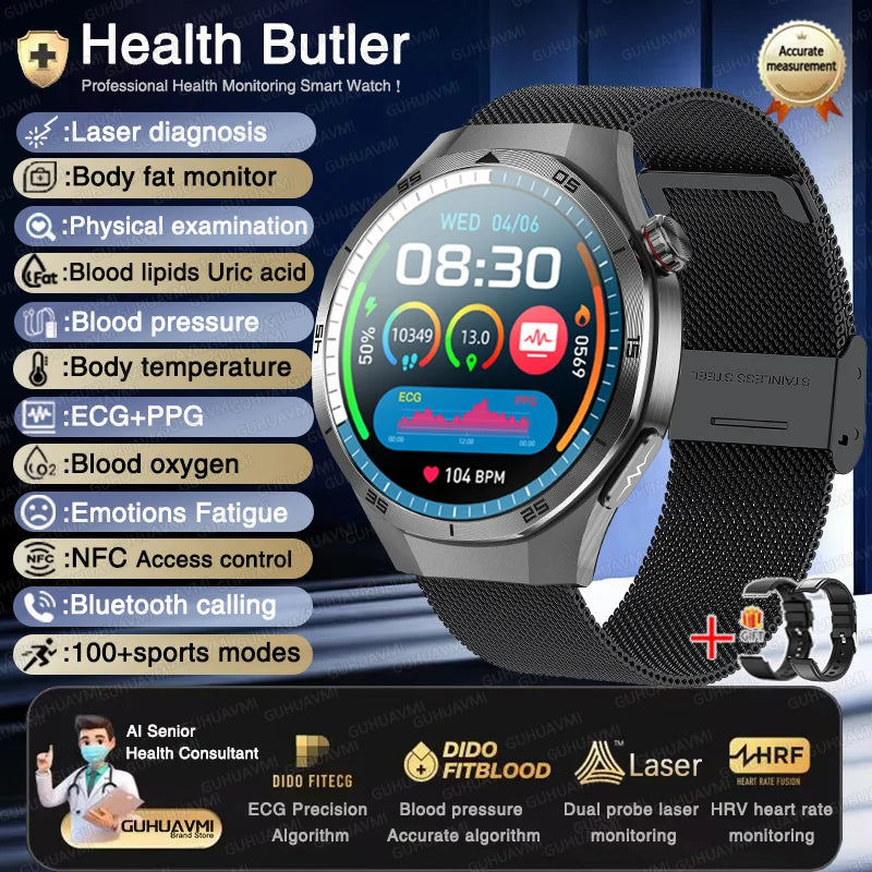2025 New Health Non Invasive AI Diagnostic Smart Watch ECG BP Men's Three Highs Uric Acid Blood Fat Bluetooth Call Smartwatches