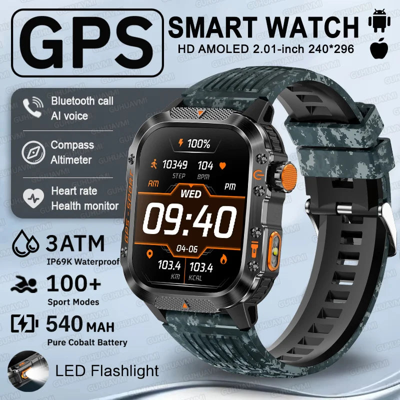2025 New GPS Military Outdoor Sports Smart Watch Men 2.01-inch AMOLED 3ATM IP69K Waterproof Compass Call Swim Fitness Smartwatch