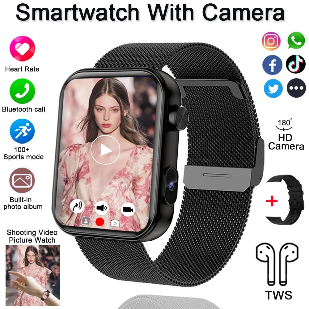 For Xiaomi Smart Watch with Camera Men Recording Camera TWS Headset Local Music Bluetooth Calling Music Fashion Women Smartwatch