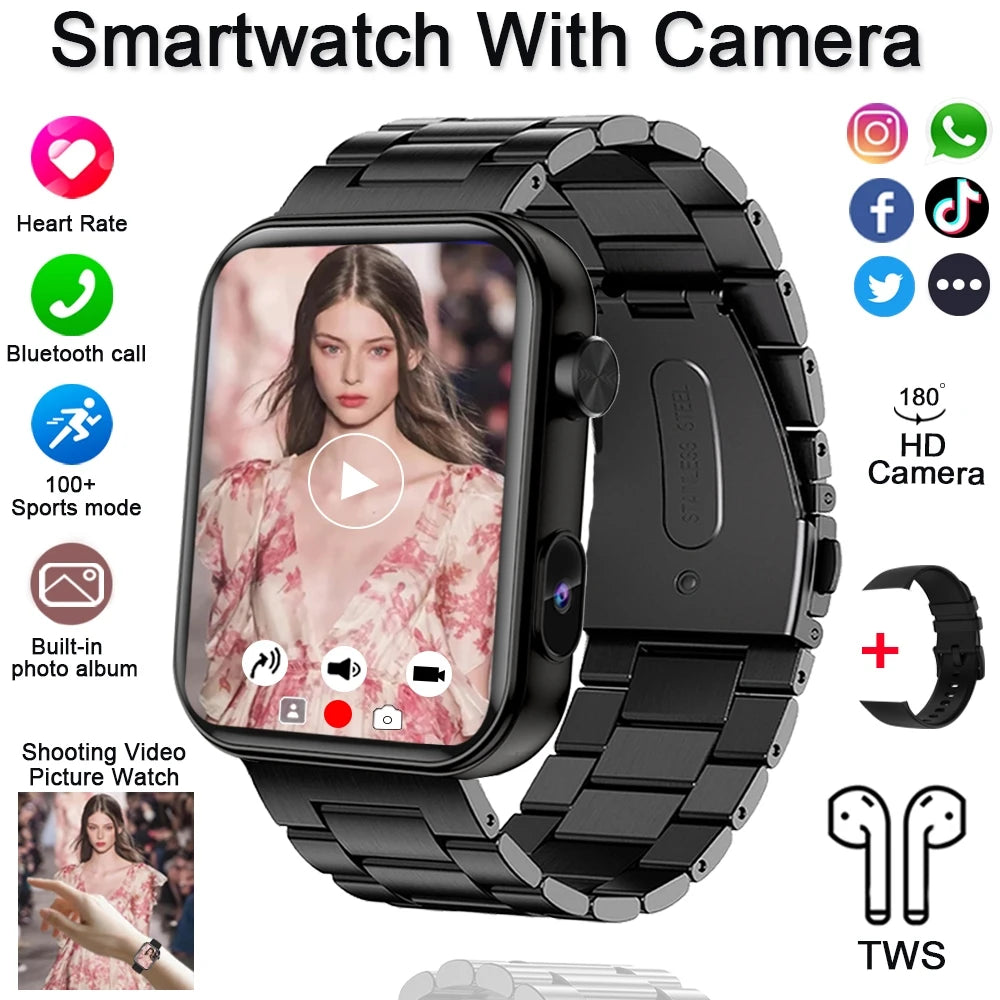 For Xiaomi Smart Watch with Camera Men Recording Camera TWS Headset Local Music Bluetooth Calling Music Fashion Women Smartwatch