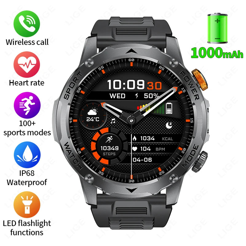 LIGE Military Smart Watch Men 1000mAh Battery Outdoors LED Flashlight Waterproof Heart Rate Sport BT Call 1.7" AMOLED Smartwatch