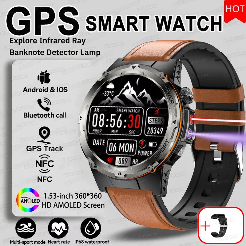 NEW Upgraded Outdoors GPS Sports Smart Watch Men HD AMOLED 3ATM IP69K Waterproof 500mAh Infrared NFC Bluetooth Call Smart Watch