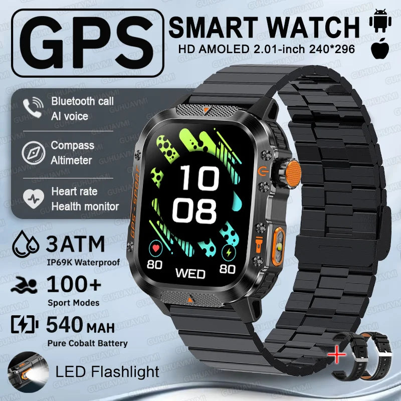 2025 New GPS Military Outdoor Sports Smart Watch Men 2.01-inch AMOLED 3ATM IP69K Waterproof Compass Call Swim Fitness Smartwatch