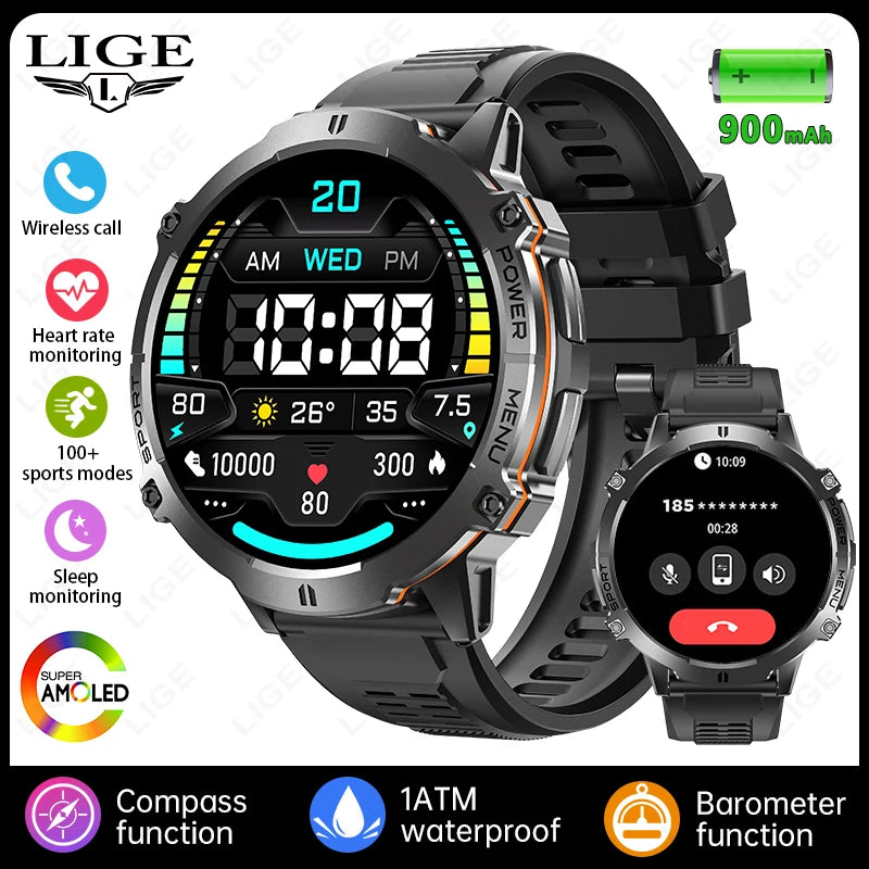LIGE New GPS Tracker Smartwatch For Men  1.73" AMOLED Screen  900mAh Battery Man Watches Health Monitor BT Call Smart Watch Men