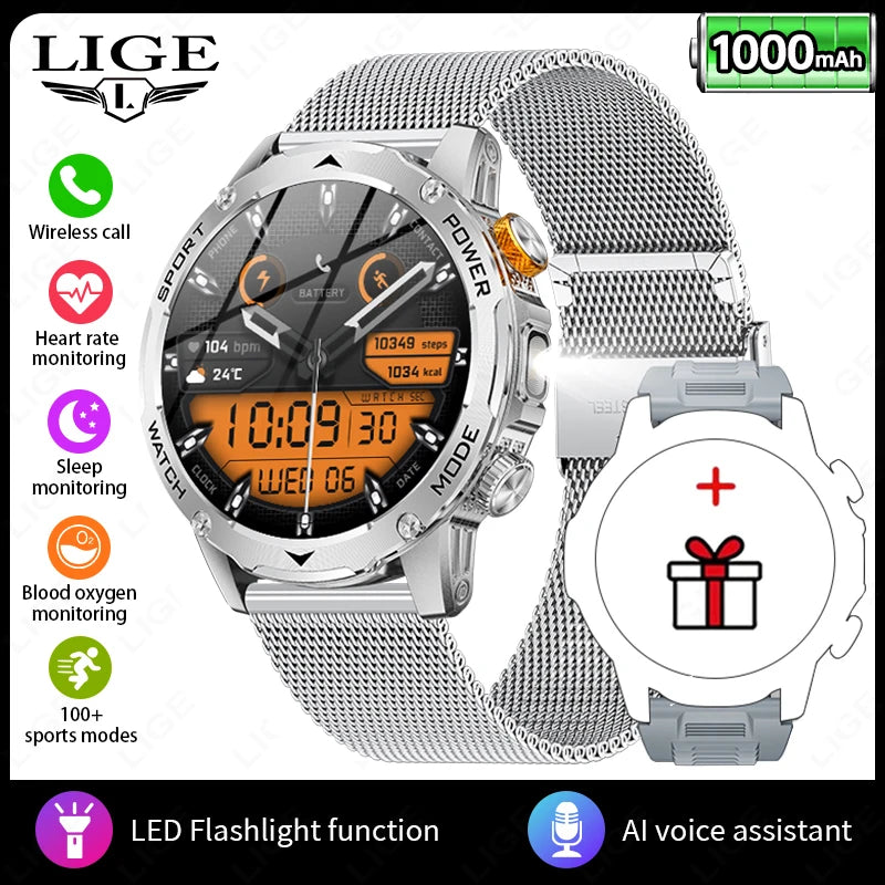 LIGE AMOLED Smart Watch Men with Flashlight Sports IP68 Waterproof Fitness Tracker Bluetooth Call Smartwatch Man for Android iOS