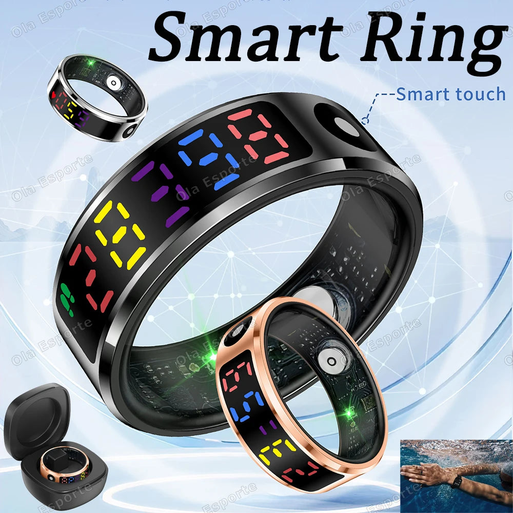 2025 R12 Smart Ring with Color Display Screen and Touch, Charging Box,Health Manager, 5 ATM Waterproof Smartring For Men Women