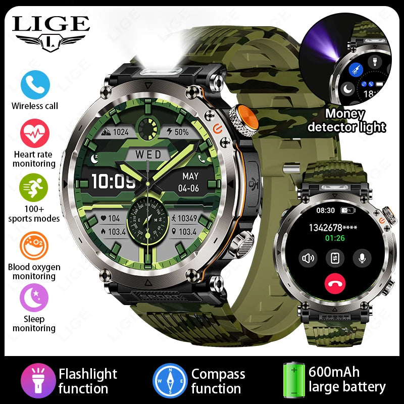 LIGE New Smart Watch Men UV Flashlight Compass 600mAh Large Battery Outdoor Waterproof Sport Watch Bluetooth Call Smartwatch Men