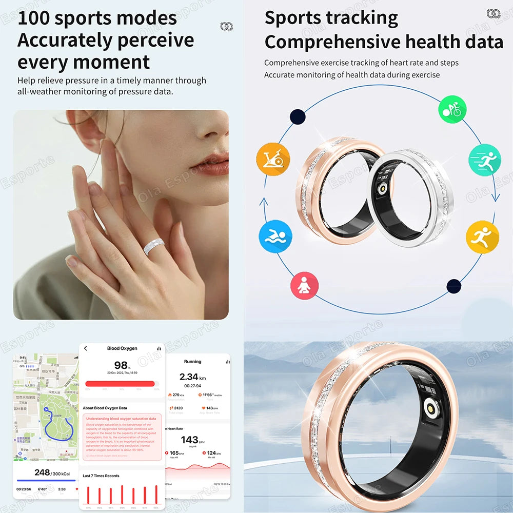 New For Android IOS Smart Ring IP68 Waterproof Heart Rate Health Monitoring Sports Pedometer Fitness Rings Diamond Fashion Women