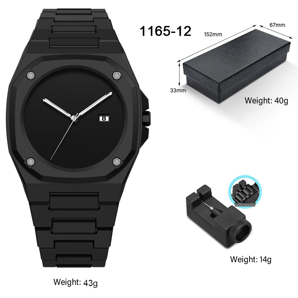 Premium Men's Black Watch with Calendar, Quartz Movement, Gift Box, Polycarbonate Plastic Case, Women's Attention