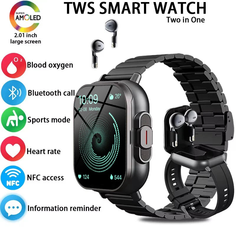 2025 Men Smart Watch 2.01inch HD Large Screen Waterproof Heart Rate Blood Pressure Bluetooth earphone TWS 2 in 1 Make phone call