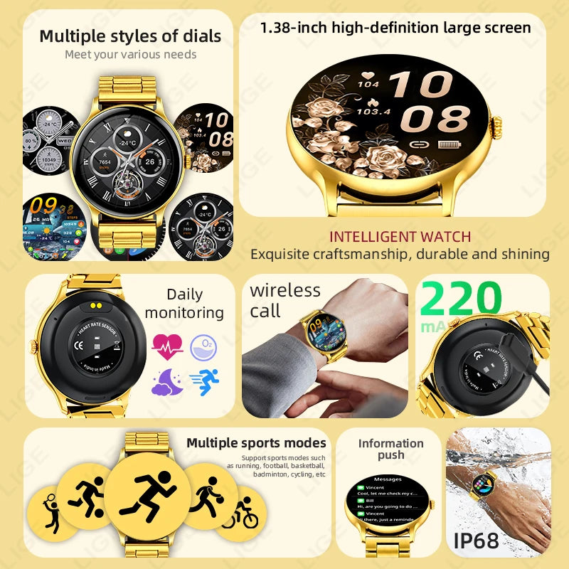 New Golden Luxury Steel Smart Watch Men 1.38inch HD Screen Smartwatch Women Sleep BT Call IP68 Waterproof Sports Watch Pedometer