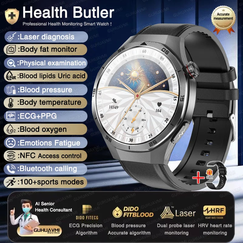 2025 New Health Non Invasive AI Diagnostic Smart Watch ECG BP Men's Three Highs Uric Acid Blood Fat Bluetooth Call Smartwatches