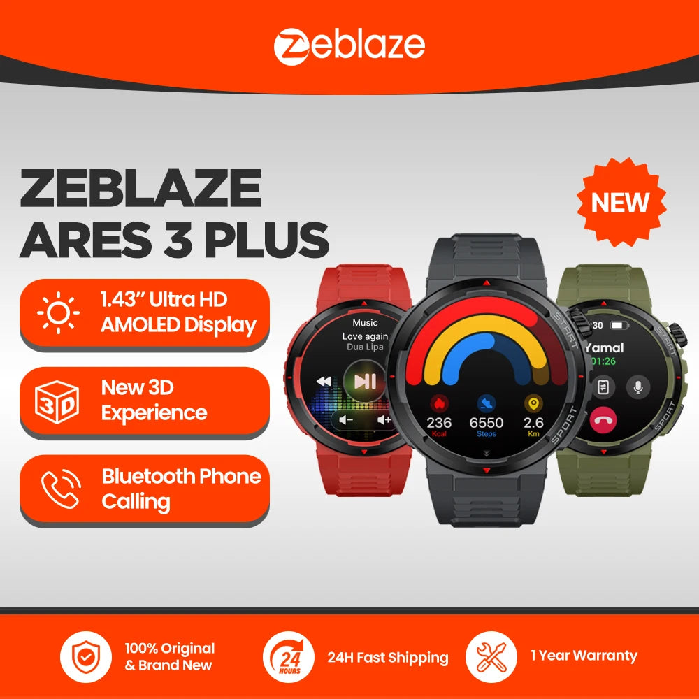 New Zeblaze Ares 3 Plus 1.43'' HD AMOLED Display Voice Calling Smartwatch New 3D Interactive Health&Fitness Tracking Smart Watch
