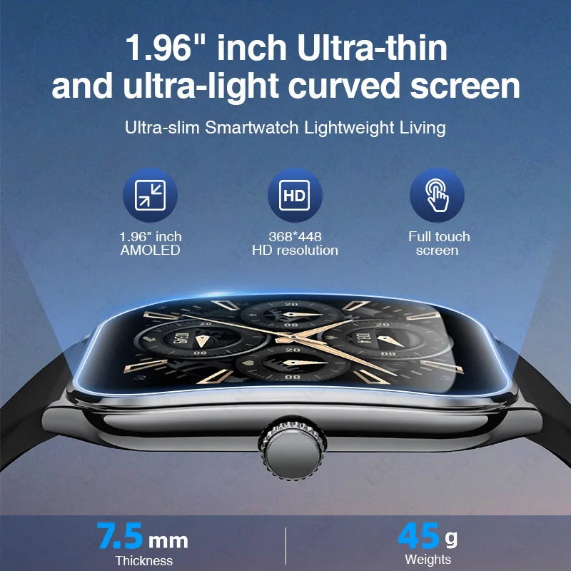 New Ultra-thin Smart Watch Men Health Monitor 1.96"AMOLED Screen 3ATM Waterproof Sport Bluetooth Call Smartwatch for Android iOS