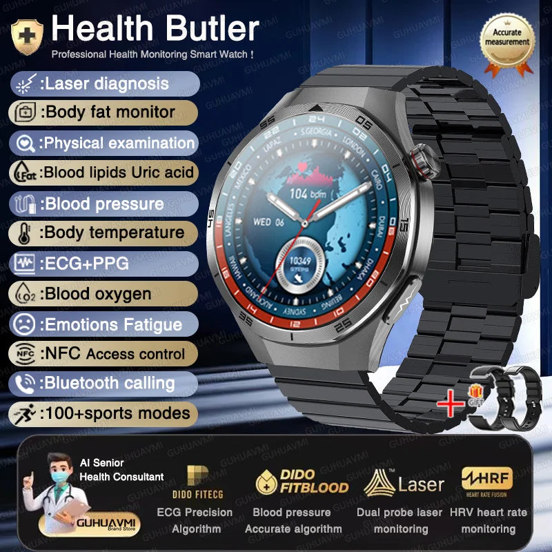 2025 New Health Non Invasive AI Diagnostic Smart Watch ECG BP Men's Three Highs Uric Acid Blood Fat Bluetooth Call Smartwatches